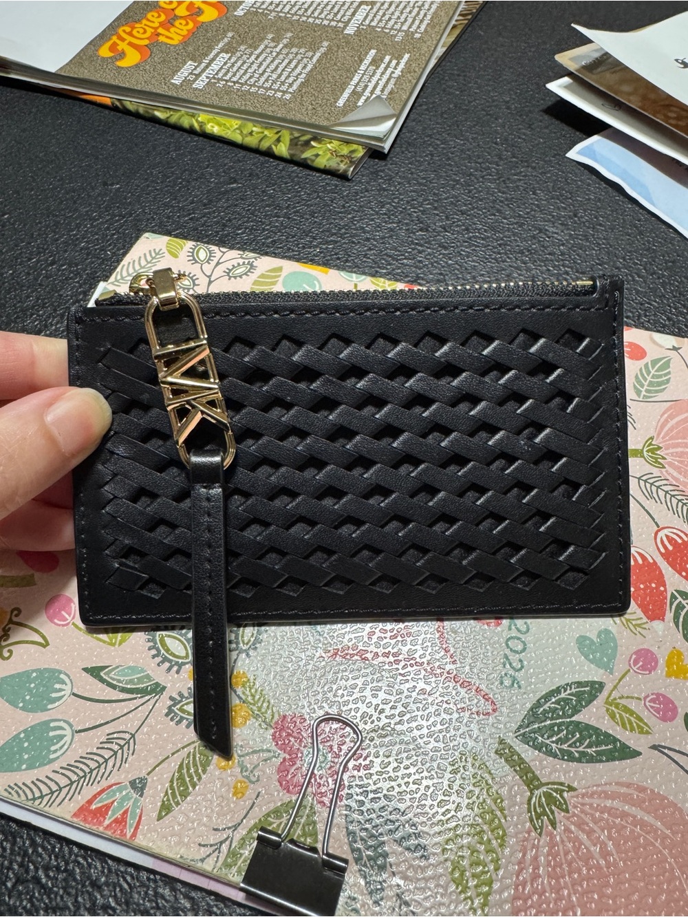 Michael Kors Black Woven Card Holder with Gold Accent